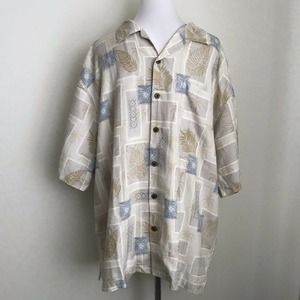 Hilo Hattie 100% Silk Hawaiian Shirt Mens Size L Button‎ Front Leaf Print Beige